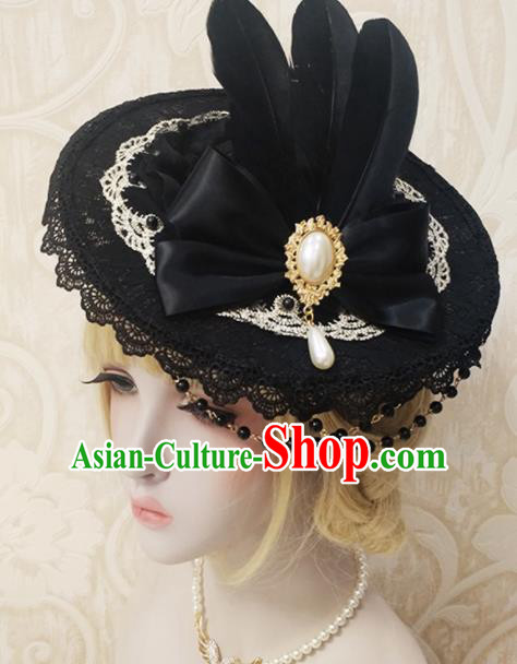 Top Grade Baroque Bride Black Top Hat Handmade Wedding Hair Accessories for Women
