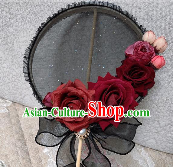Handmade Chinese Black Silk Palace Fans Wedding Roses Round Fan for Women
