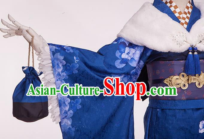Traditional Japanese Cosplay Geisha Printing Blue Kimono Japan Yukata Dress for Women