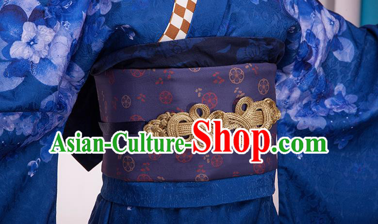 Traditional Japanese Cosplay Geisha Printing Blue Kimono Japan Yukata Dress for Women