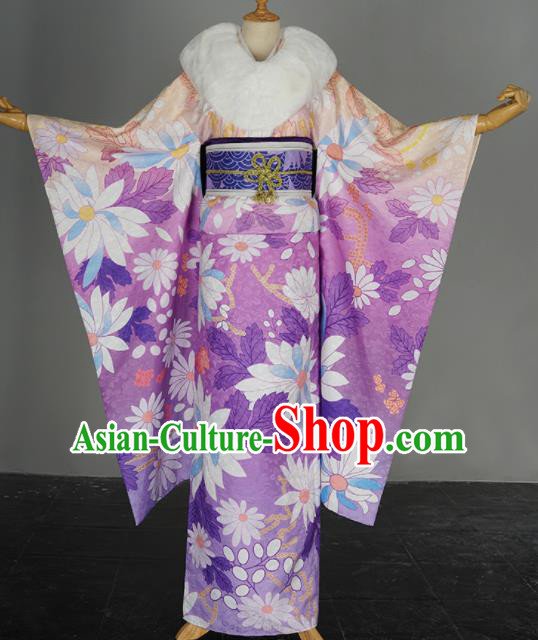 Traditional Japanese Cosplay Geisha Printing Purple Kimono Japan Yukata Dress for Women
