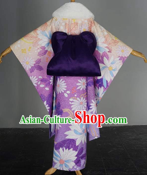 Traditional Japanese Cosplay Geisha Printing Purple Kimono Japan Yukata Dress for Women