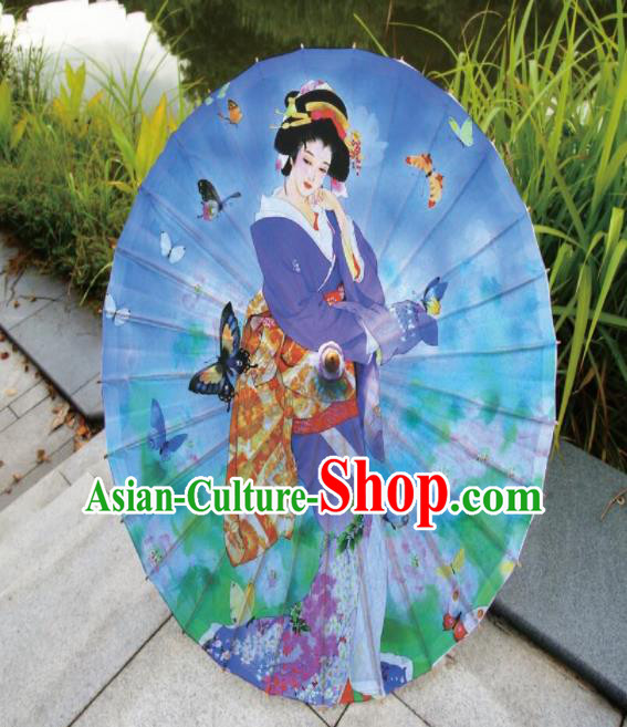 Japanese Handmade Printing Kimono Beauty Blue Oil Paper Umbrella Traditional Umbrellas