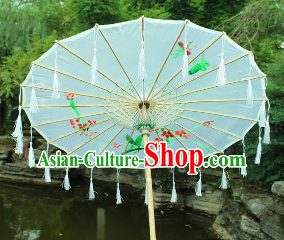 Handmade Chinese Printing Flowers White Tassel Silk Umbrella Traditional Classical Dance Decoration Umbrellas