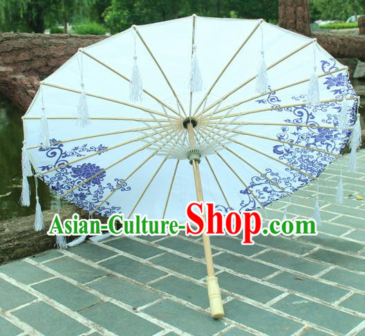 Handmade Chinese Printing Lotus White Tassel Silk Umbrella Traditional Classical Dance Decoration Umbrellas