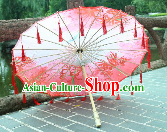 Handmade Chinese Printing Red Manjusaka Tassel Silk Umbrella Traditional Classical Dance Decoration Umbrellas