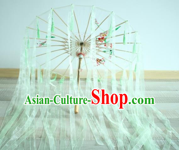 Handmade Chinese Printing Flowers Green Ribbon Silk Umbrella Traditional Classical Dance Decoration Umbrellas