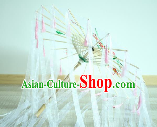 Handmade Chinese Printing Flowers White Ribbon Silk Umbrella Traditional Classical Dance Decoration Umbrellas