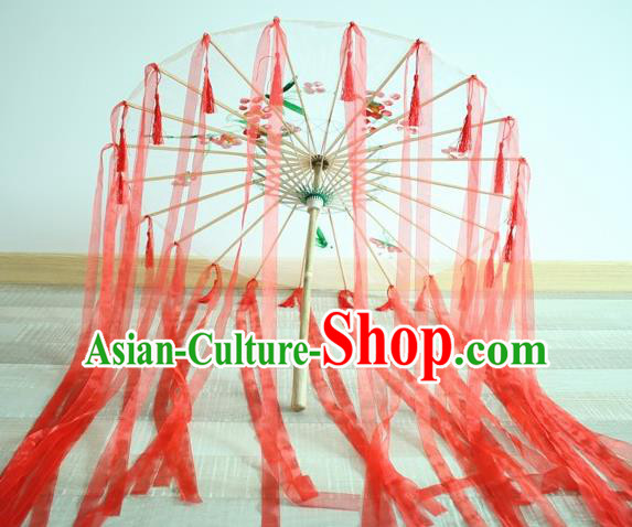 Handmade Chinese Red Ribbon Silk Umbrella Traditional Classical Dance Decoration Umbrellas