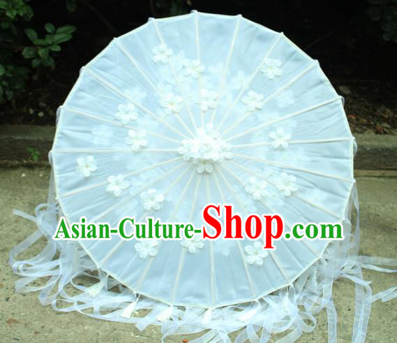 Handmade Chinese White Flowers Ribbon Silk Umbrella Traditional Classical Dance Decoration Umbrellas