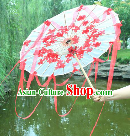 Handmade Chinese Red Flowers Ribbon Silk Umbrella Traditional Classical Dance Decoration Umbrellas