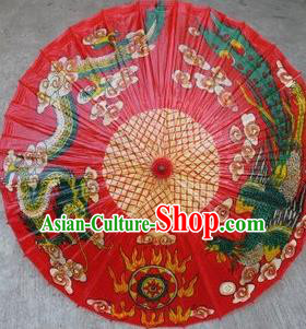 Chinese Classical Dance Handmade Printing Phoenix Dragon Red Paper Umbrella Traditional Decoration Umbrellas