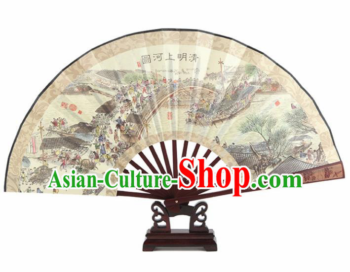 Chinese Handmade Painting Riverside Scene at Qingming Festival Fans Accordion Fan Traditional Decoration Folding Fan