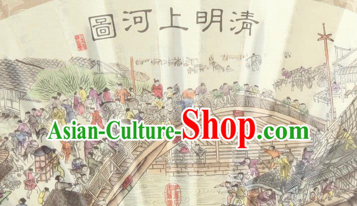 Japanese Handmade Painting Riverside Scene at Qingming Festival Fans Accordion Fan Traditional Decoration Folding Fan