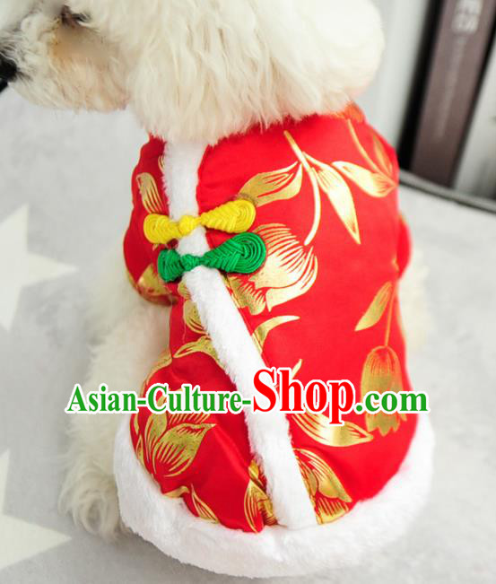 Traditional Asian Chinese Pets Clothing Dog Winter Brushed Printing Tulip Red Costumes for New Year