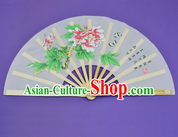 Chinese Handmade Printing Peony White Kung Fu Fans Accordion Fan Traditional Decoration Folding Fan