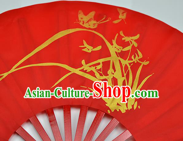 Chinese Handmade Printing Orchid Red Kung Fu Fans Accordion Fan Traditional Decoration Folding Fan