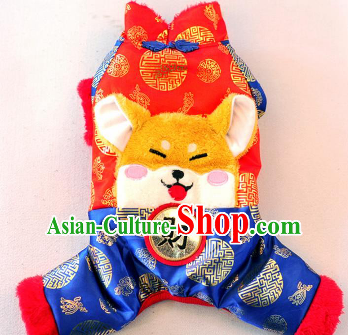 Traditional Asian Chinese Pets Clothing Dog Winter Royalblue Costumes for New Year