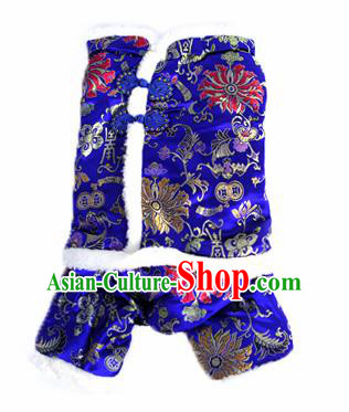 Traditional Asian Chinese Pets Clothing Dog Winter Royalblue Brocade Costumes for New Year