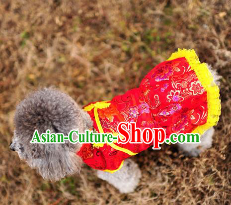 Traditional Asian Chinese Pets Clothing Dog Winter Red Brocade Dress Costumes for New Year
