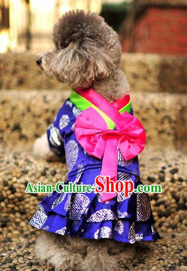 Traditional Asian Chinese Pets Clothing Dog Winter Royalblue Brocade Dress Costumes for New Year