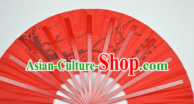 Chinese Handmade Printing Plum Blossom Red Kung Fu Fans Accordion Fan Traditional Decoration Folding Fan