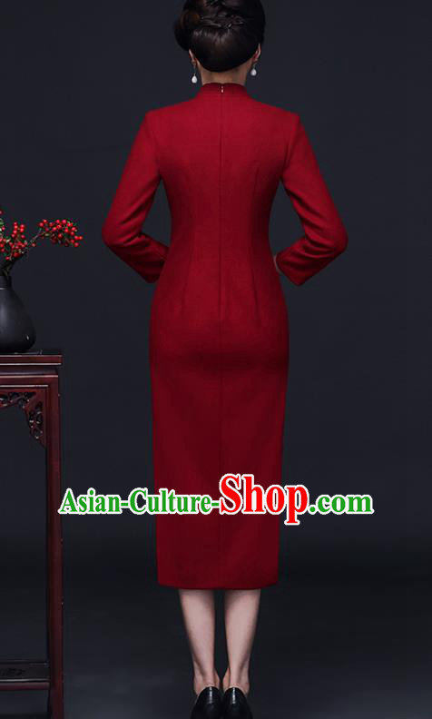 Traditional Chinese Embroidered Red Woolen Cheongsam Mother Tang Suit Qipao Dress for Women