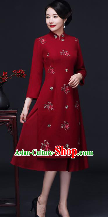 Traditional Chinese Red Woolen Cheongsam Mother Tang Suit Qipao Dress for Women