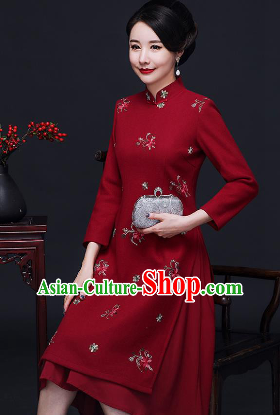 Traditional Chinese Red Woolen Cheongsam Mother Tang Suit Qipao Dress for Women