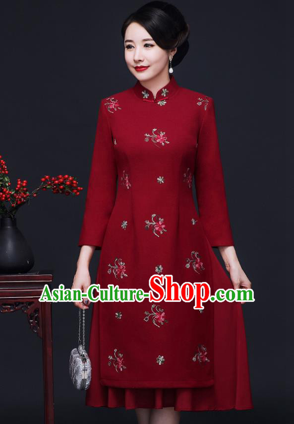 Traditional Chinese Red Woolen Cheongsam Mother Tang Suit Qipao Dress for Women