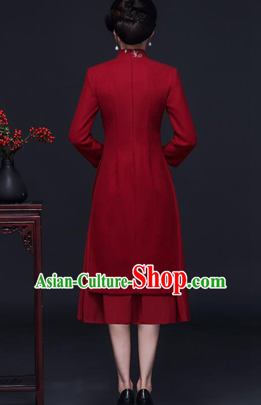 Traditional Chinese Red Woolen Cheongsam Mother Tang Suit Qipao Dress for Women