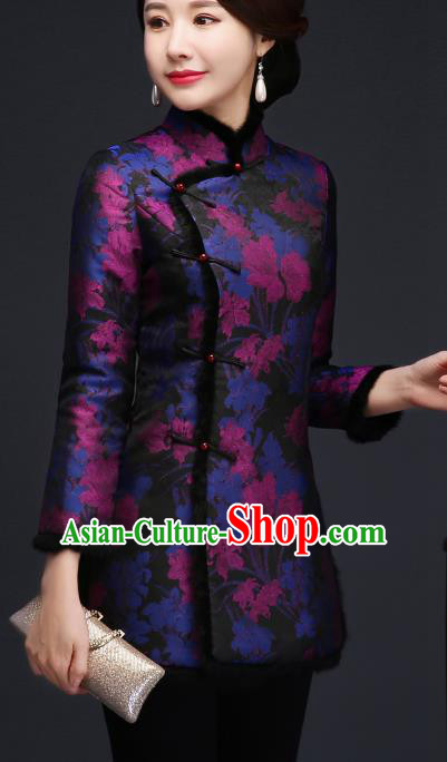 Traditional Chinese Blue Silk Cheongsam Cotton Padded Jacket Mother Tang Suit Stand Collar Overcoat for Women