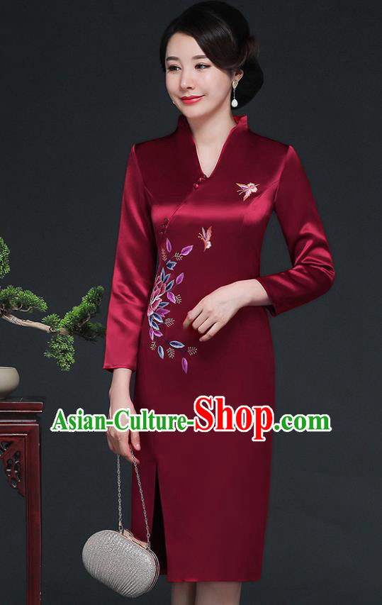 Traditional Chinese Embroidered Butterfly Wine Red Silk Cheongsam Mother Tang Suit Qipao Dress for Women