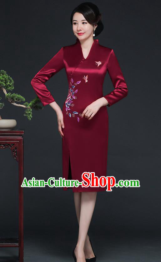Traditional Chinese Embroidered Butterfly Wine Red Silk Cheongsam Mother Tang Suit Qipao Dress for Women
