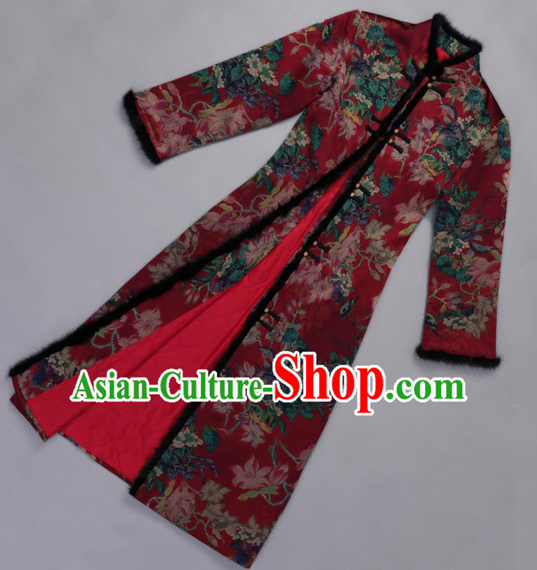 Traditional Chinese Purplish Red Silk Winter Cheongsam Mother Tang Suit Qipao Dress for Women