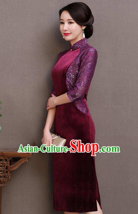 Traditional Chinese Wine Red Velvet Cheongsam Mother Tang Suit Qipao Dress for Women