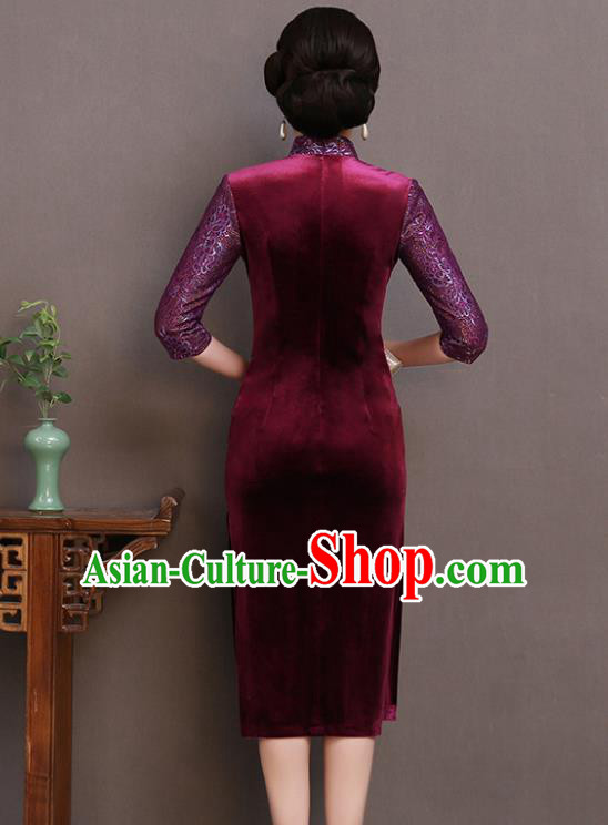 Traditional Chinese Wine Red Velvet Cheongsam Mother Tang Suit Qipao Dress for Women