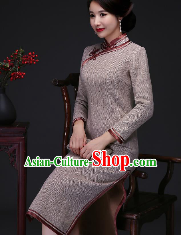 Traditional Chinese Khaki Woolen Cheongsam Mother Tang Suit Qipao Dress for Women