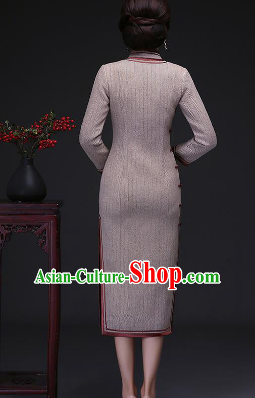 Traditional Chinese Khaki Woolen Cheongsam Mother Tang Suit Qipao Dress for Women
