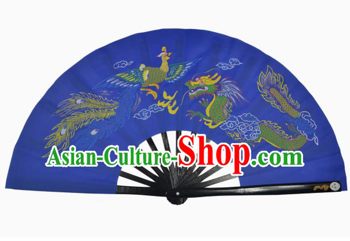 Chinese Handmade Martial Arts Printing Dragon Phoenix Blue Silk Fans Accordion Fan Traditional Kung Fu Folding Fan
