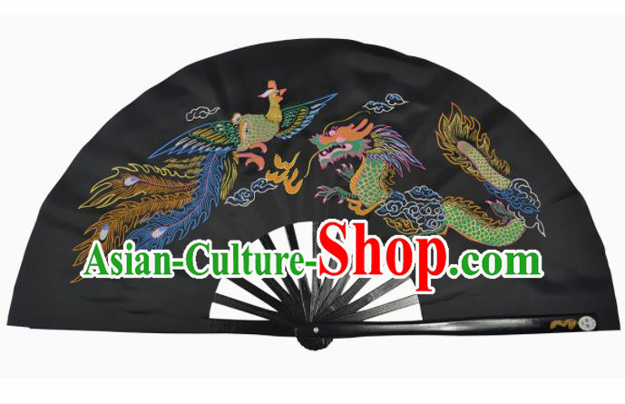 Chinese Handmade Martial Arts Printing Dragon Phoenix Black Silk Fans Accordion Fan Traditional Kung Fu Folding Fan