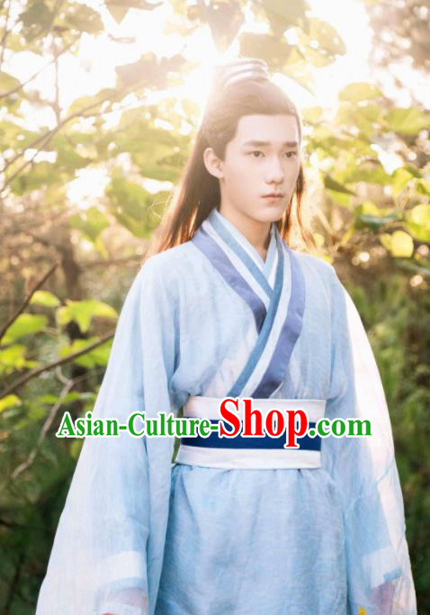 Ancient Chinese Nobility Childe Blue Hanfu Clothing Drama Jia Feng Xu Huang Swordsman Costumes for Men