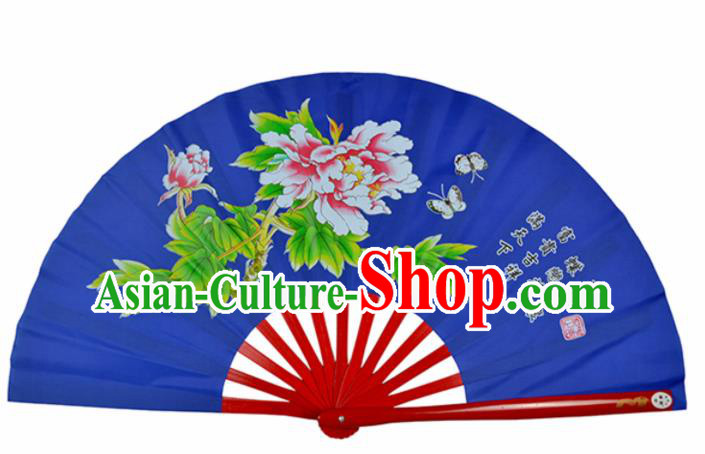 Chinese Handmade Martial Arts Printing Peony Royalblue Silk Fans Accordion Fan Traditional Kung Fu Folding Fan