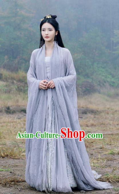 Chinese Ancient Goddess Swordswoman Drama Love and Destiny Qing Yao Zhang Zhi Xi Blue Costumes and Headpiece for Women