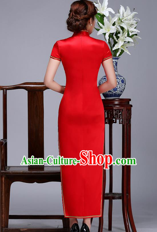 Traditional Chinese Embroidered Phoenix Peony Red Silk Cheongsam Mother Tang Suit Qipao Dress for Women