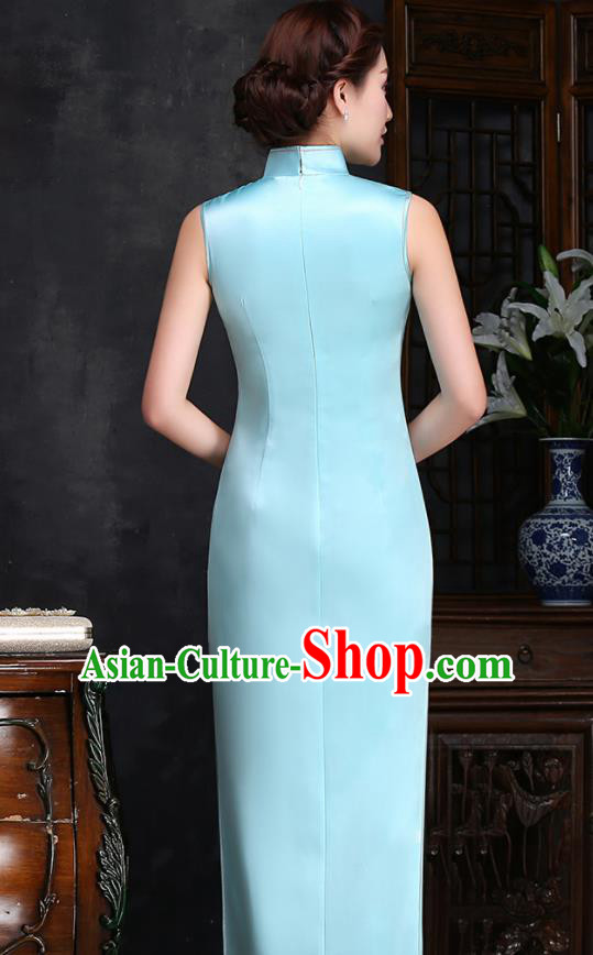 Traditional Chinese Embroidered Plum Blue Silk Cheongsam Mother Tang Suit Qipao Dress for Women