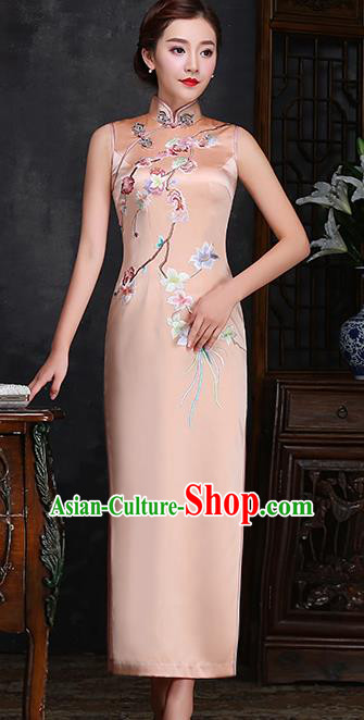 Traditional Chinese Embroidered Plum Champagne Silk Cheongsam Mother Tang Suit Qipao Dress for Women