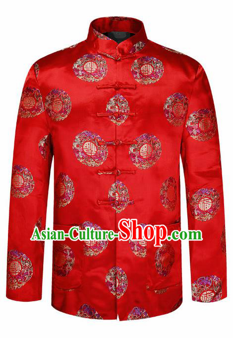 Traditional Chinese Red Brocade Cotton Padded Coat New Year Tang Suit Stand Collar Overcoat for Old Men