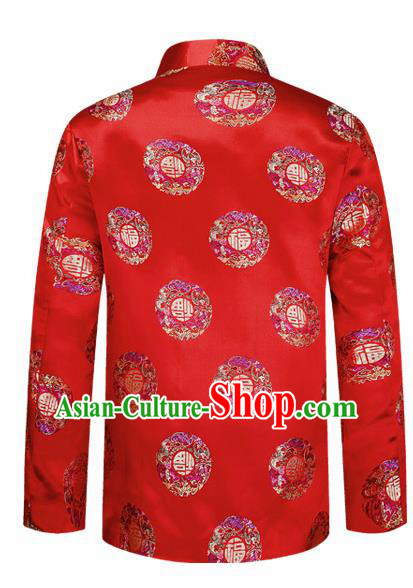 Traditional Chinese Red Brocade Cotton Padded Coat New Year Tang Suit Stand Collar Overcoat for Old Men