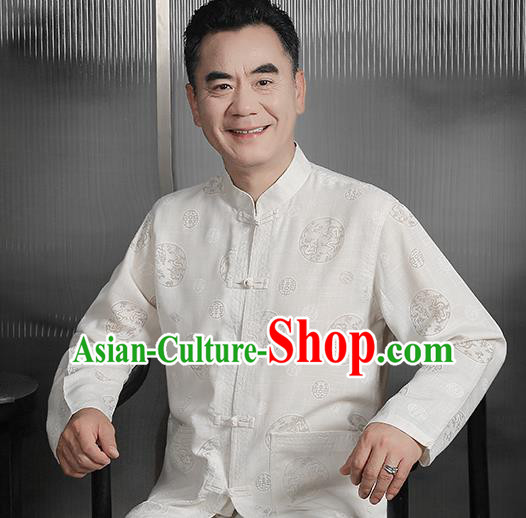 Traditional Chinese Tang Suit White Silk Outfits Tai Chi Training Costumes for Old Men